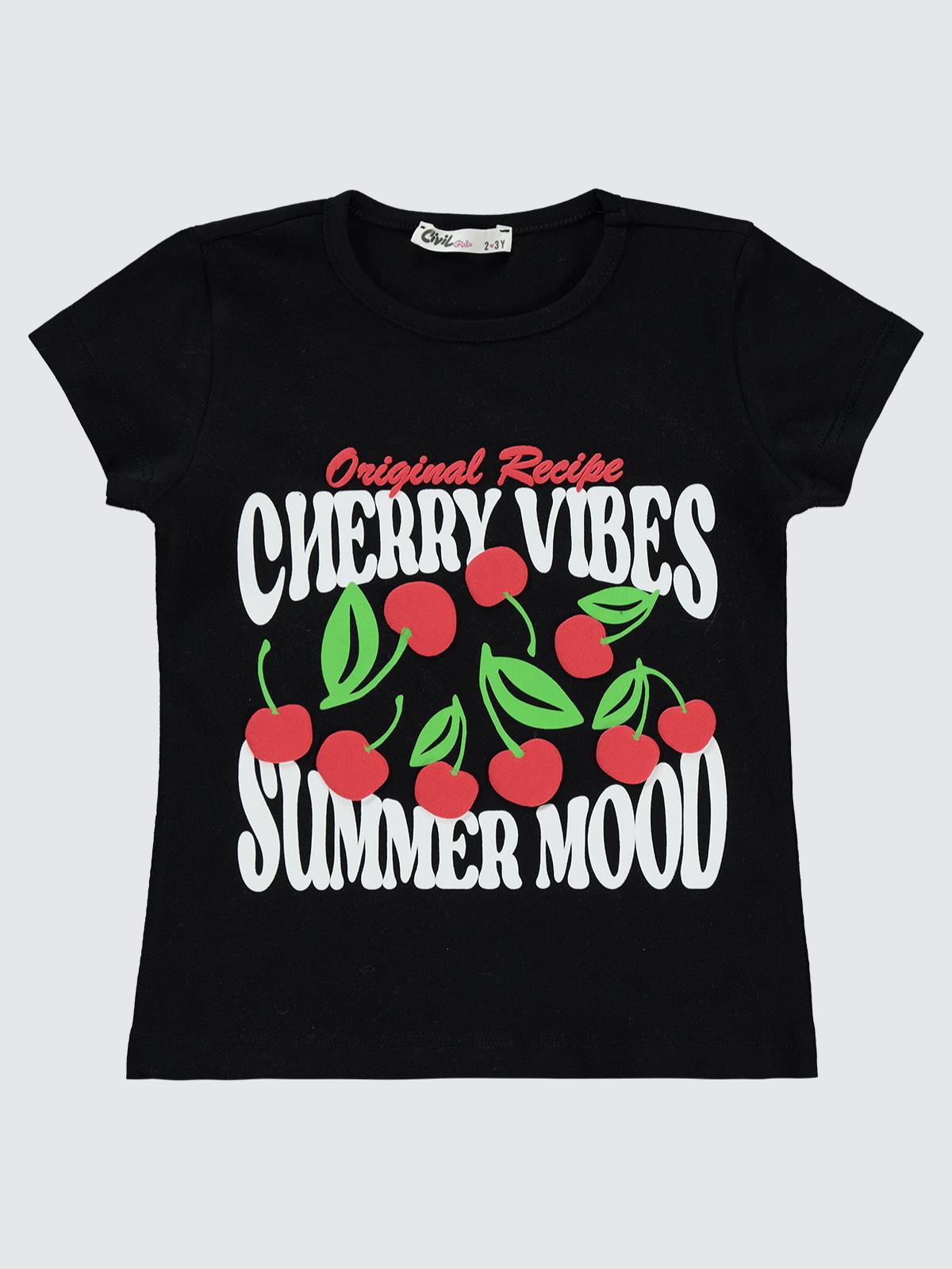 Civil Girls Cherry Baskılı 2-5 Yaş Tişört - Siyah