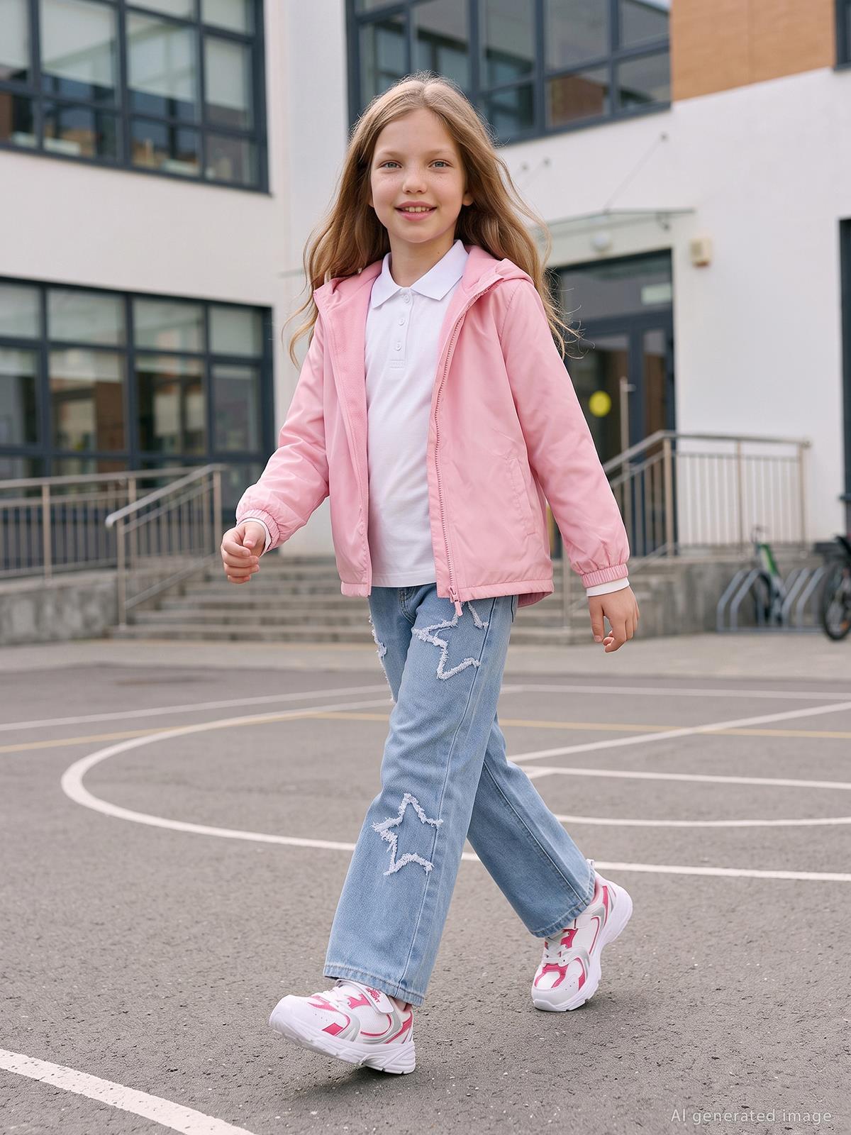 Civil Girls Kız Çocuk Polarlı Düz Yağmurluk | Mikro Uzun Kol Kapşonlu - Pudra