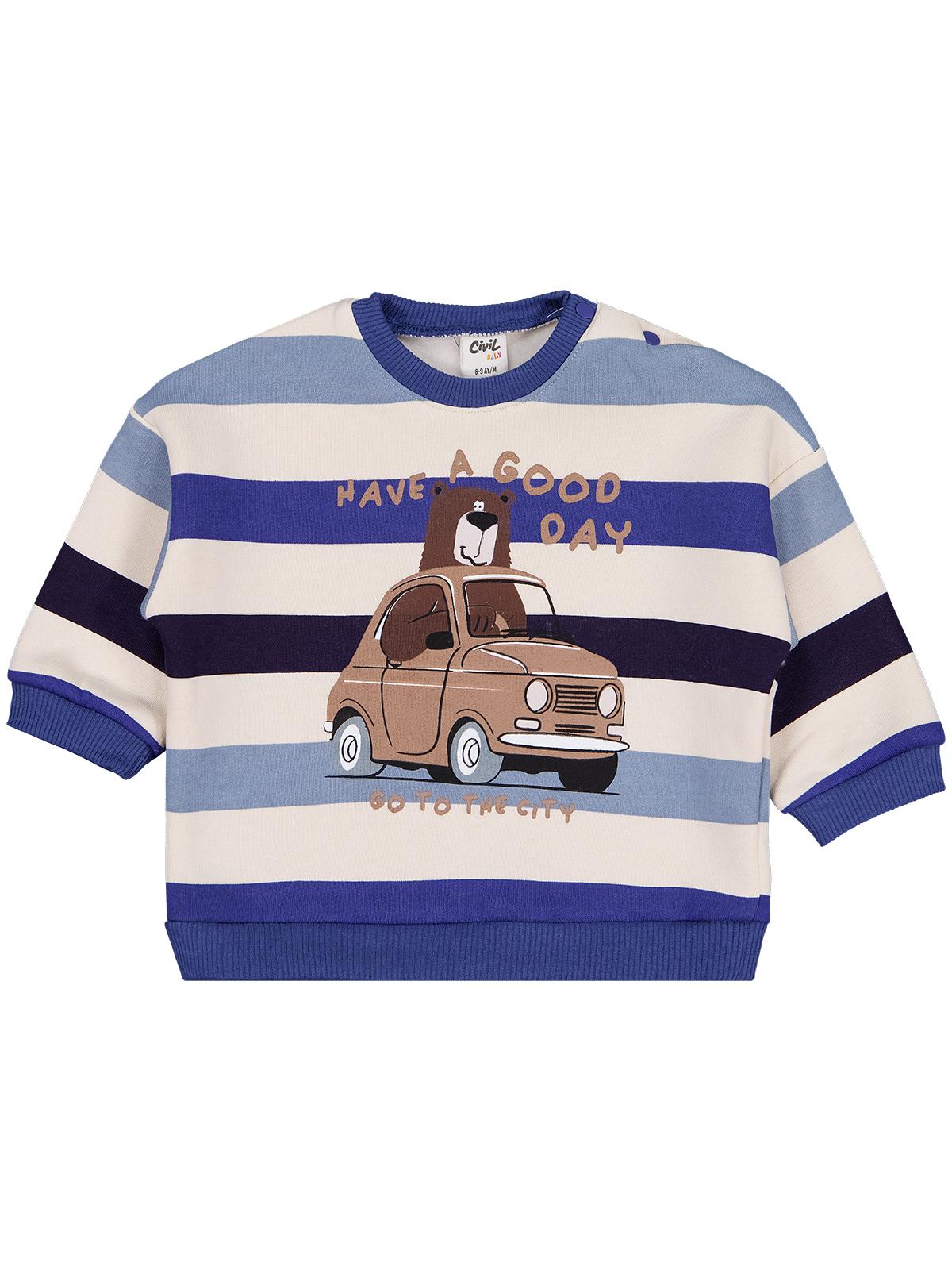 Civil Baby Ayıcık Baskılı Çizgili 6-18 Ay Sweatshirt - Mavi