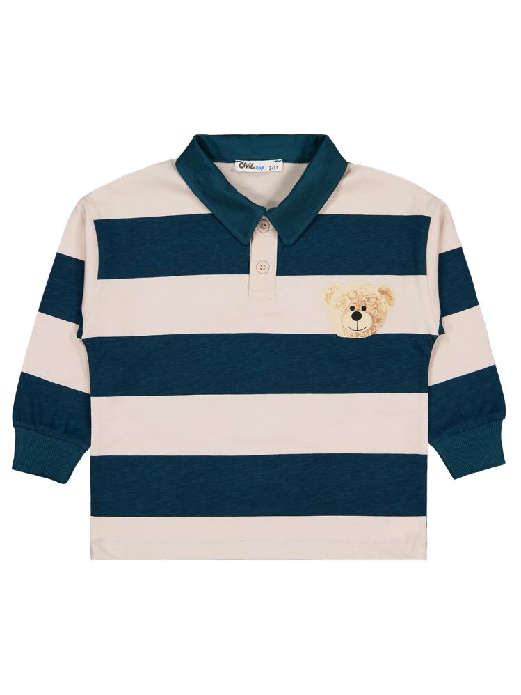 Civil Boys Ayı Baskılı Çizgi Empirmeli 2-5 Yaş Sweatshirt - Bej