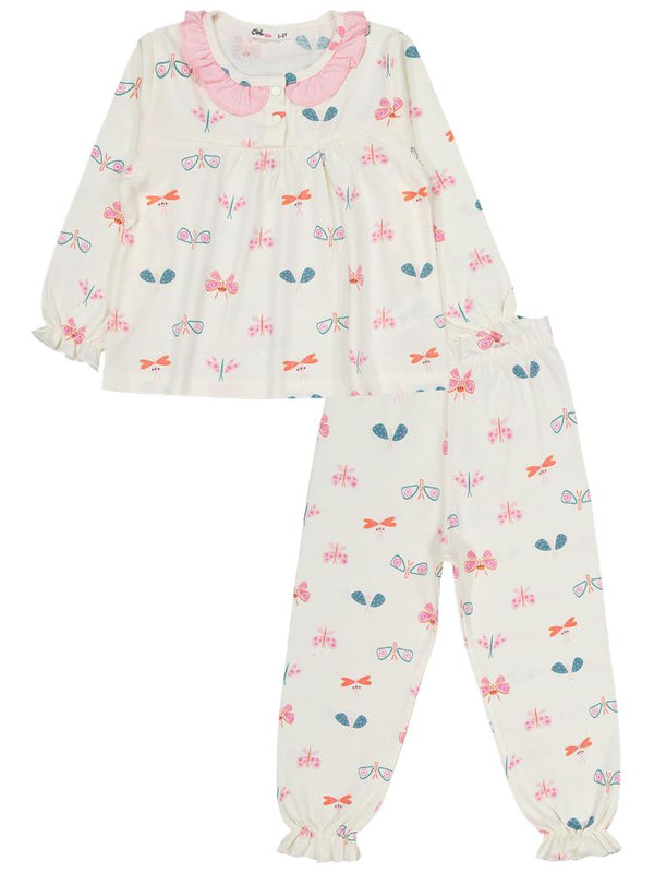 Civil Girls Renkli Kelebek 2-5 Yaş Pijama Takımı - Ekru
