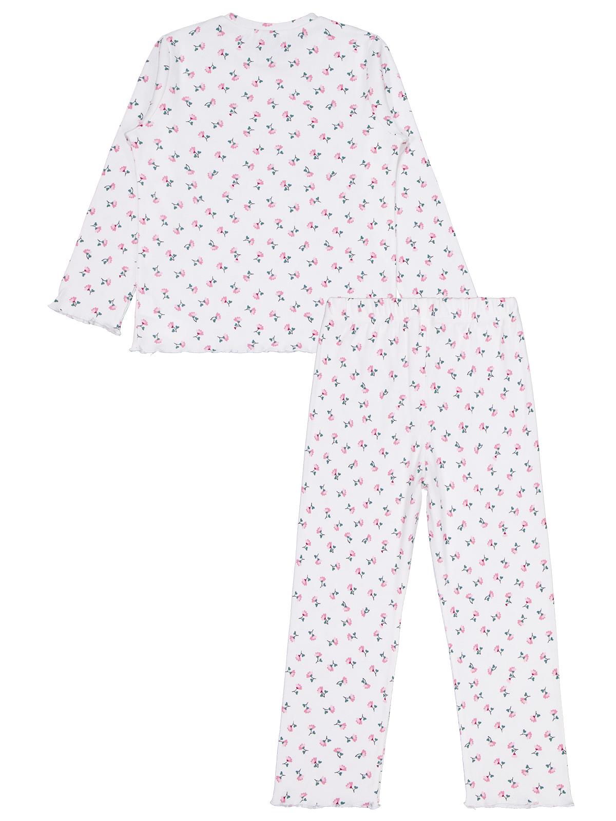 Civil Kız Çocuk Çiçek Desenli Pijama Takımı | Kaşkorse Uzun Kol | Okul Kreş ve Günlük Kullanım - Ekru