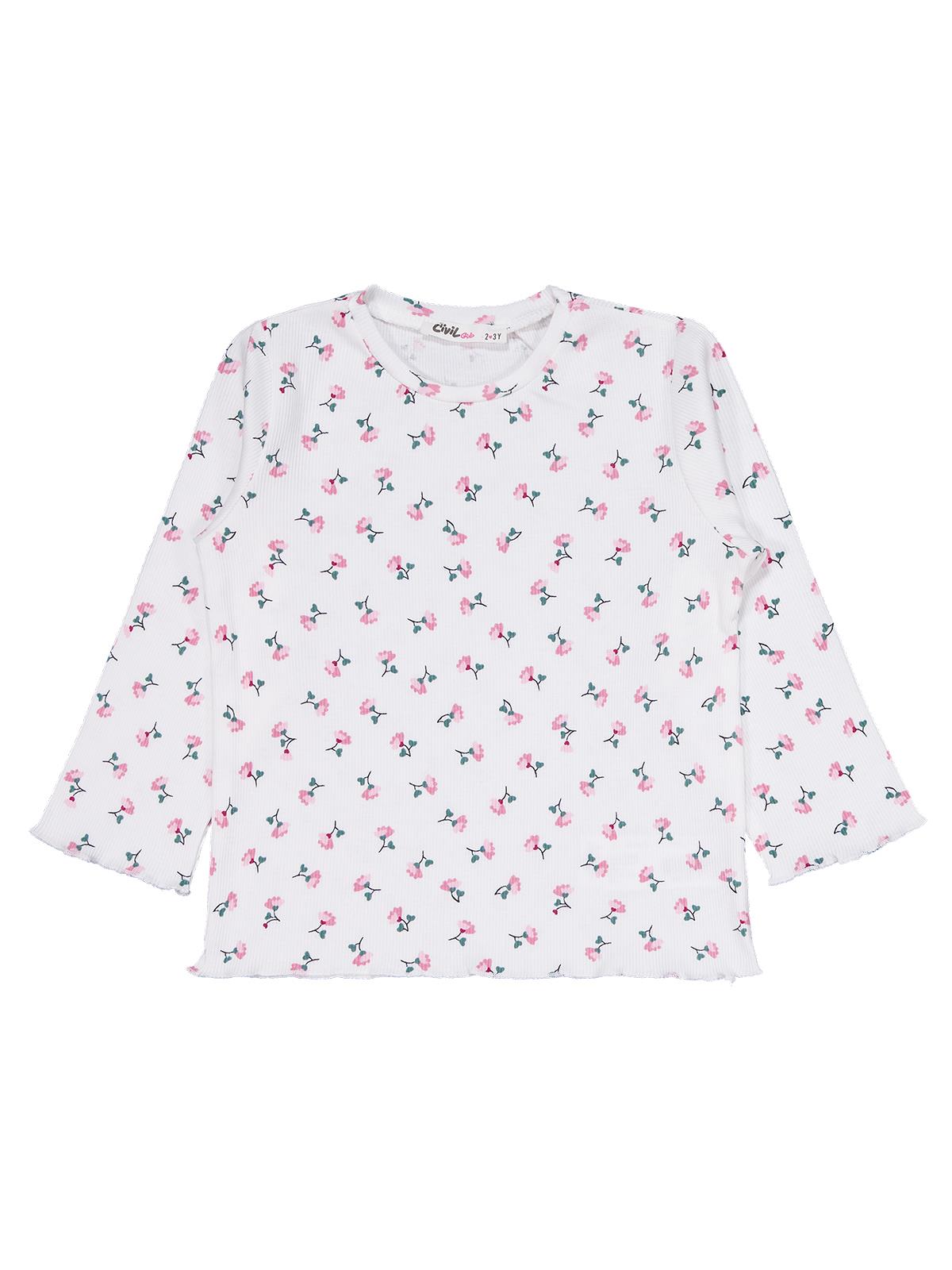 Civil Kız Çocuk Çiçek Desenli Pijama Takımı | Kaşkorse Uzun Kol | Okul Kreş ve Günlük Kullanım - Ekru