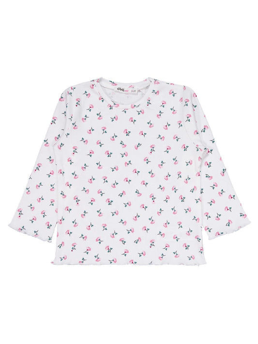 Civil Kız Çocuk Çiçek Desenli Pijama Takımı | Kaşkorse Uzun Kol | Okul Kreş ve Günlük Kullanım - Ekru
