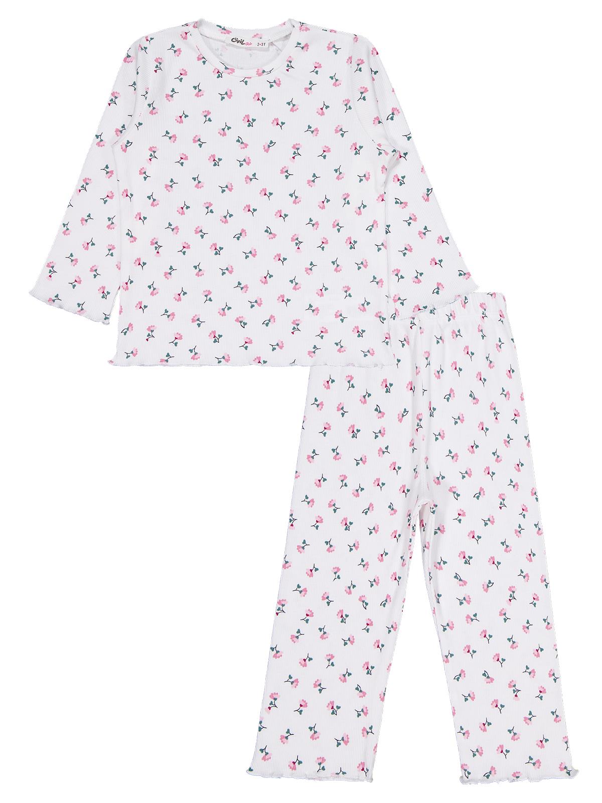 Civil Kız Çocuk Çiçek Desenli Pijama Takımı | Kaşkorse Uzun Kol | Okul Kreş ve Günlük Kullanım - Ekru
