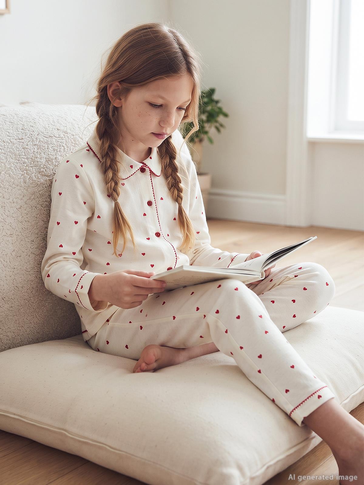 Civil Girls Kız Çocuk Kalpli Pijama Takımı | Süprem Uzun Kol | Okul Kreş ve Günlük Kullanım - Ekru