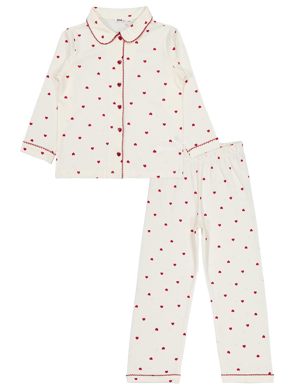 Civil Girls Kız Çocuk Kalpli 10-13 Yaş Pijama Takımı - Ekru