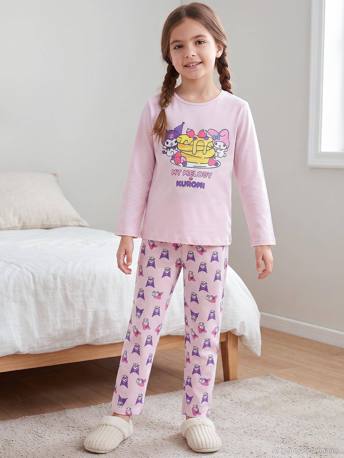 Kuromi Pijama Takımı | Süprem Uzun Kol Bisiklet Yaka Baskılı | Okul Kreş ve Günlük Kullanım - Pembe