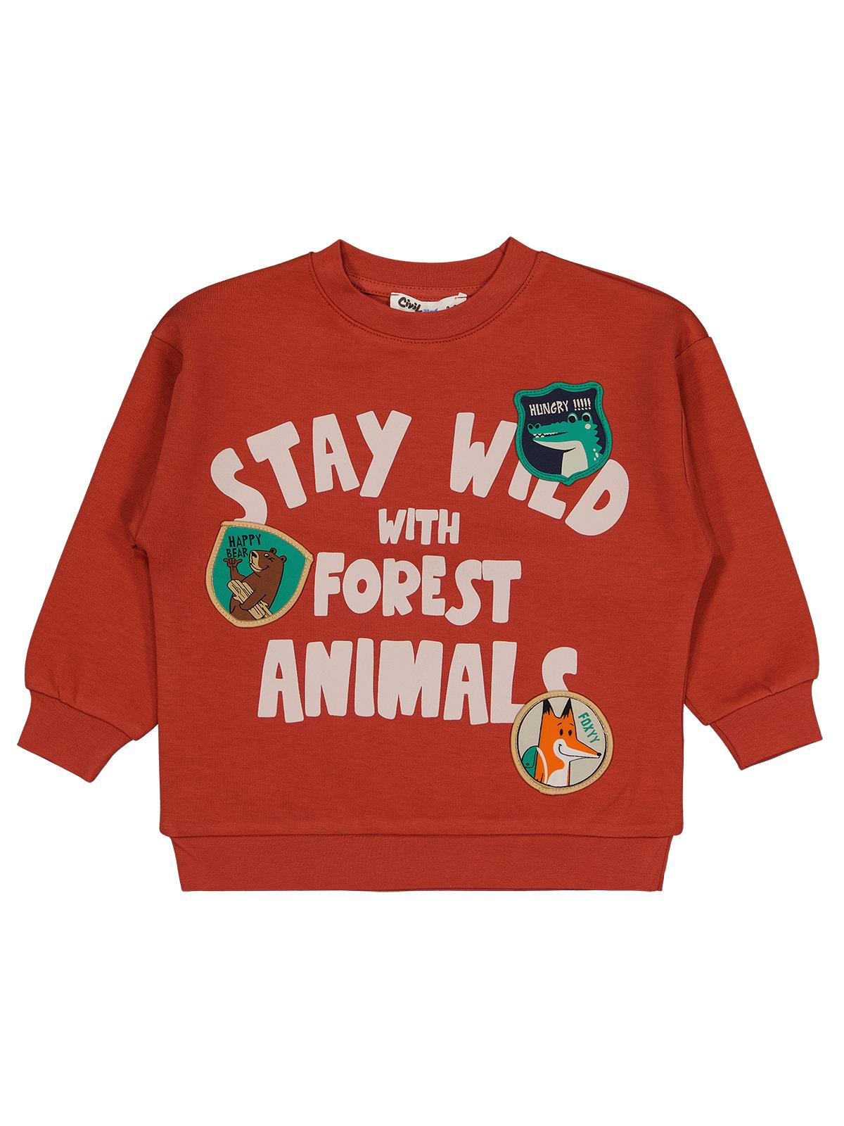 Civil Erkek Çocuk Stay Wıld Anımal Baskılı Sweatshirt | Okul Kreş ve Günlük Kullanım - Turuncu