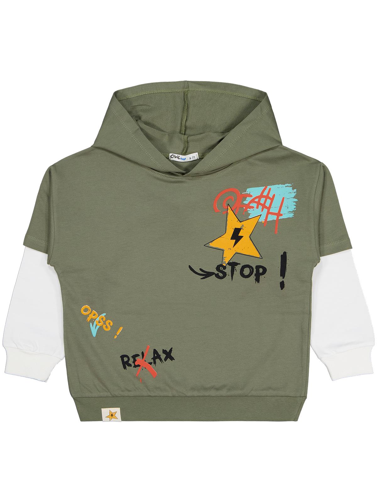 Civil Erkek Çocuk Stop Yıldız Baskılı Sweatshirt | 2 İp Uzun Kol | Okul Kreş ve Günlük Kullanım - Haki
