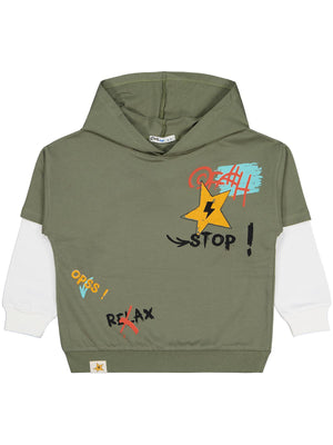 Civil Erkek Çocuk Stop Yıldız Baskılı Sweatshirt | 2 İp Uzun Kol | Okul Kreş ve Günlük Kullanım - Haki
