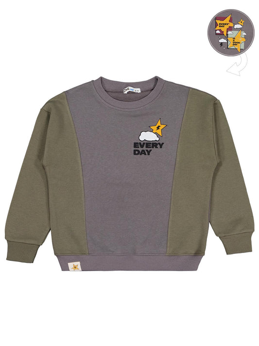 Civil Erkek Çocuk Every Day Yıldız Baskılı Sweatshirt | 3 İp Uzun Kol | Okul Kreş ve Günlük Kullanım - Haki