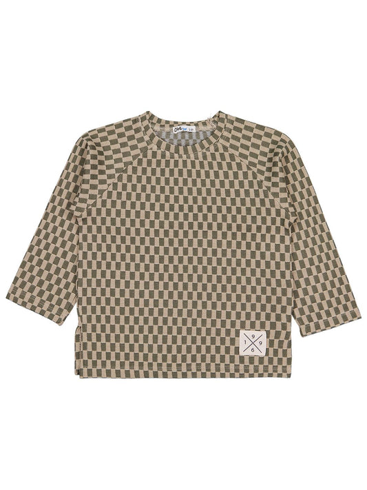 Civil Erkek Çocuk Dama Desenli Sweatshirt | Jakar/Petek Uzun Kol | Okul Kreş ve Günlük Kullanım - Haki