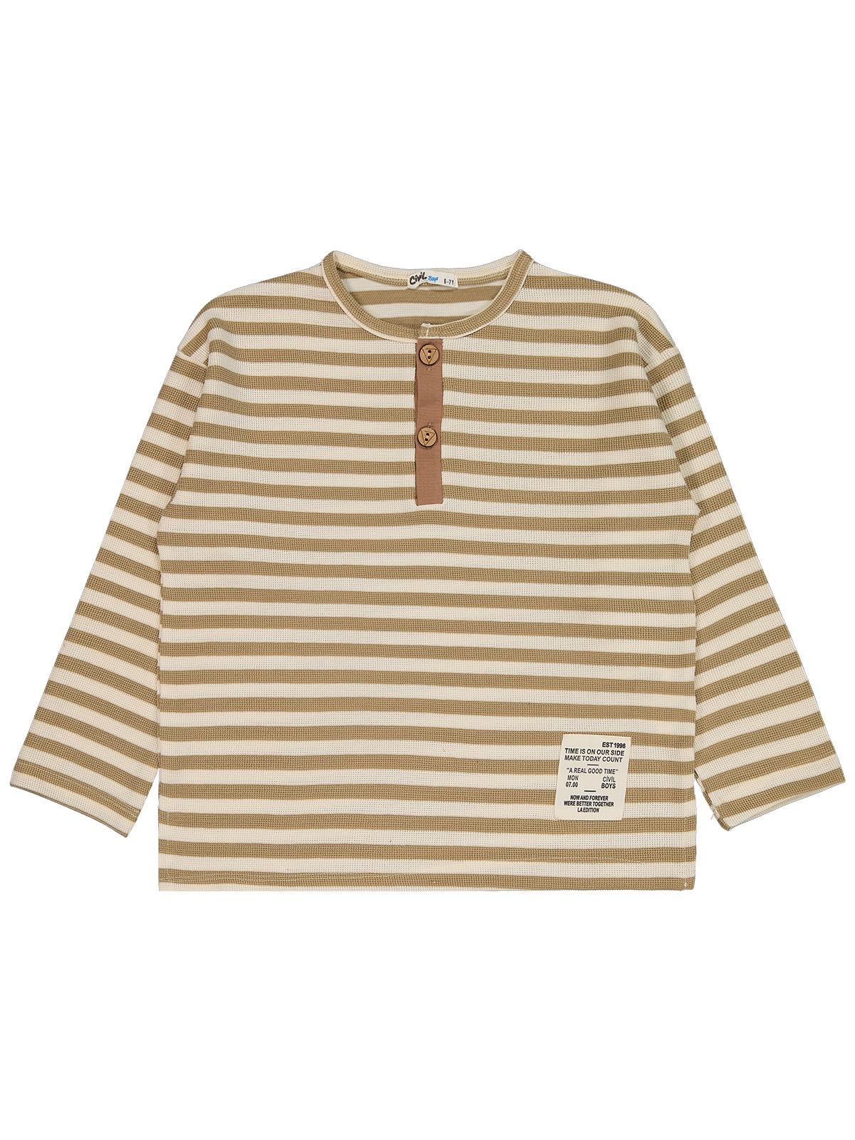 Civil Erkek Çocuk Çizgili Sahte Patlı Sweatshirt | Waffle Uzun Kol | Okul Kreş ve Günlük Kullanım - Kahve