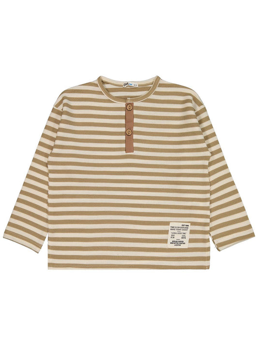 Civil Erkek Çocuk Çizgili Sahte Patlı Sweatshirt | Waffle Uzun Kol | Okul Kreş ve Günlük Kullanım - Kahve