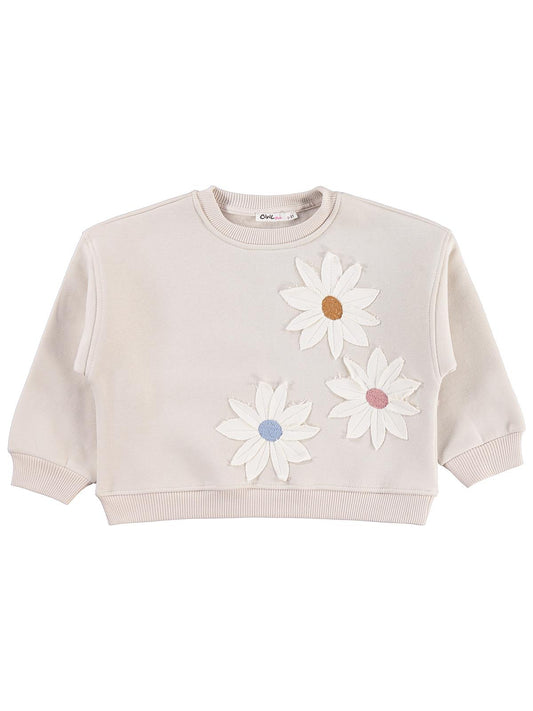 Civil Kız Çocuk Papatya Nakışlı Sweatshirt | 3 İp Uzun Kol | Okul Kreş ve Günlük Kullanım - Bej