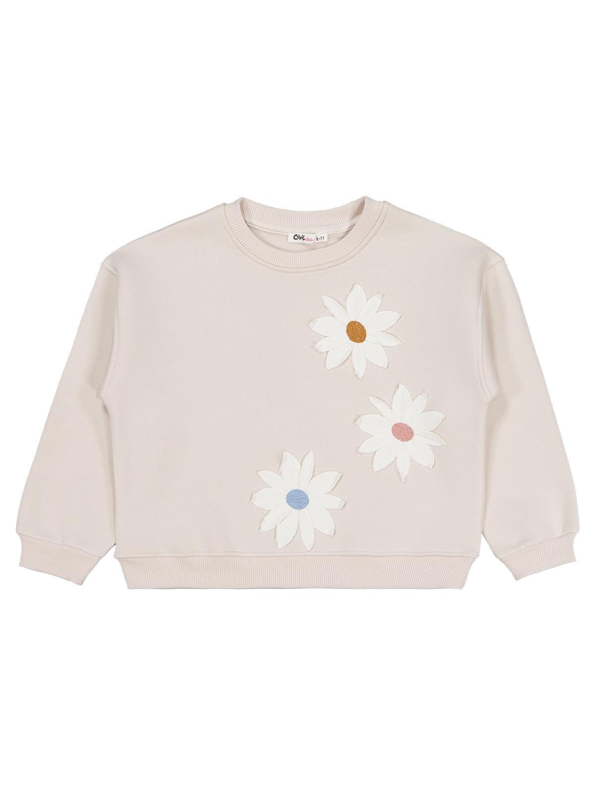 Civil Kız Çocuk Papatya Nakışlı Sweatshirt | 3 İp Uzun Kol | Okul Kreş ve Günlük Kullanım - Bej