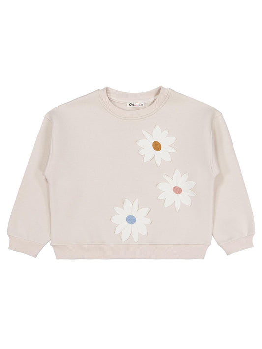 Civil Kız Çocuk Papatya Nakışlı Sweatshirt | 3 İp Uzun Kol | Okul Kreş ve Günlük Kullanım - Bej