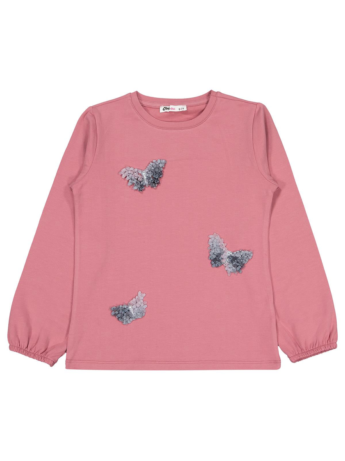 Civil Girls Kelebek Nakışlı 6-9 Yaş Sweatshirt - Pembe