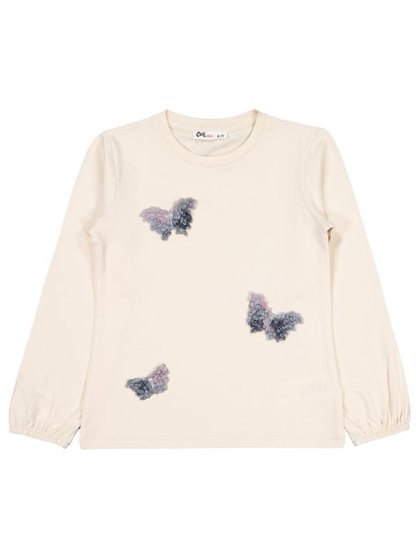 Civil Girls Kelebek Nakışlı 6-9 Yaş Sweatshirt - Fil Dişi