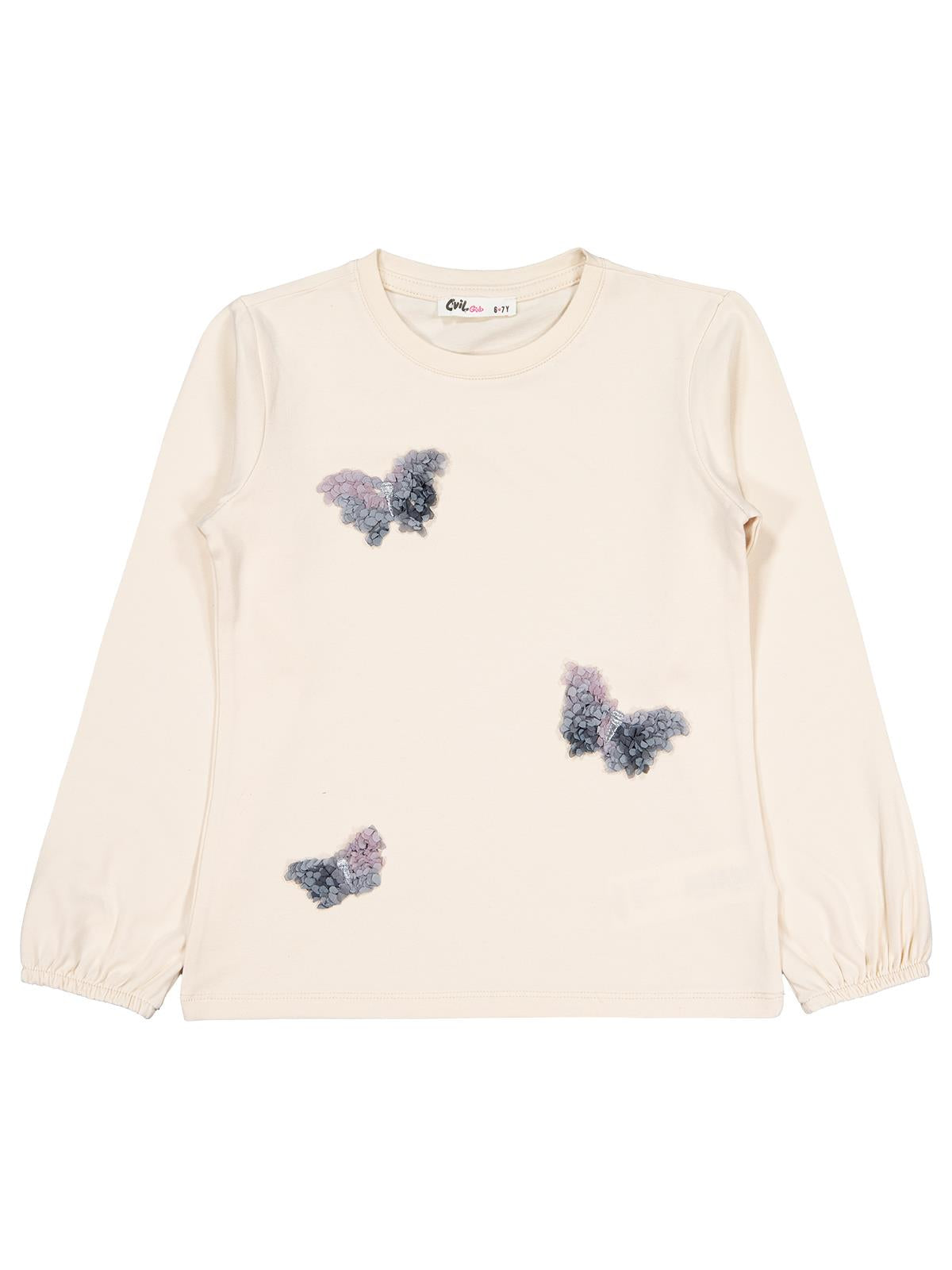 Civil Girls Kelebek Nakışlı 6-9 Yaş Sweatshirt - Fil Dişi