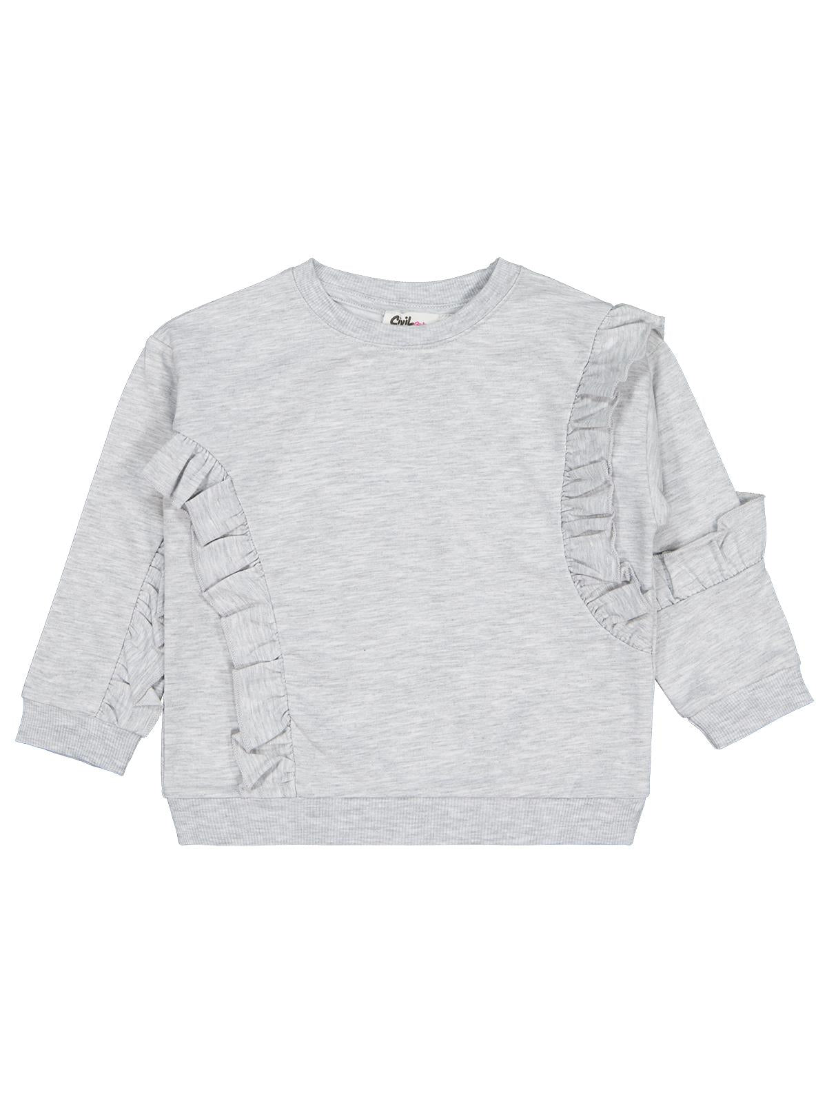 Civil Kız Çocuk Fırfırlı Sweatshirt | 2 İp Uzun Kol Bisiklet Yaka | Okul Kreş ve Günlük Kullanım - Gri