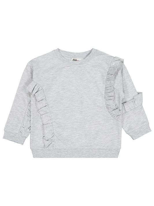 Civil Kız Çocuk Fırfırlı Sweatshirt | 2 İp Uzun Kol Bisiklet Yaka | Okul Kreş ve Günlük Kullanım - Gri