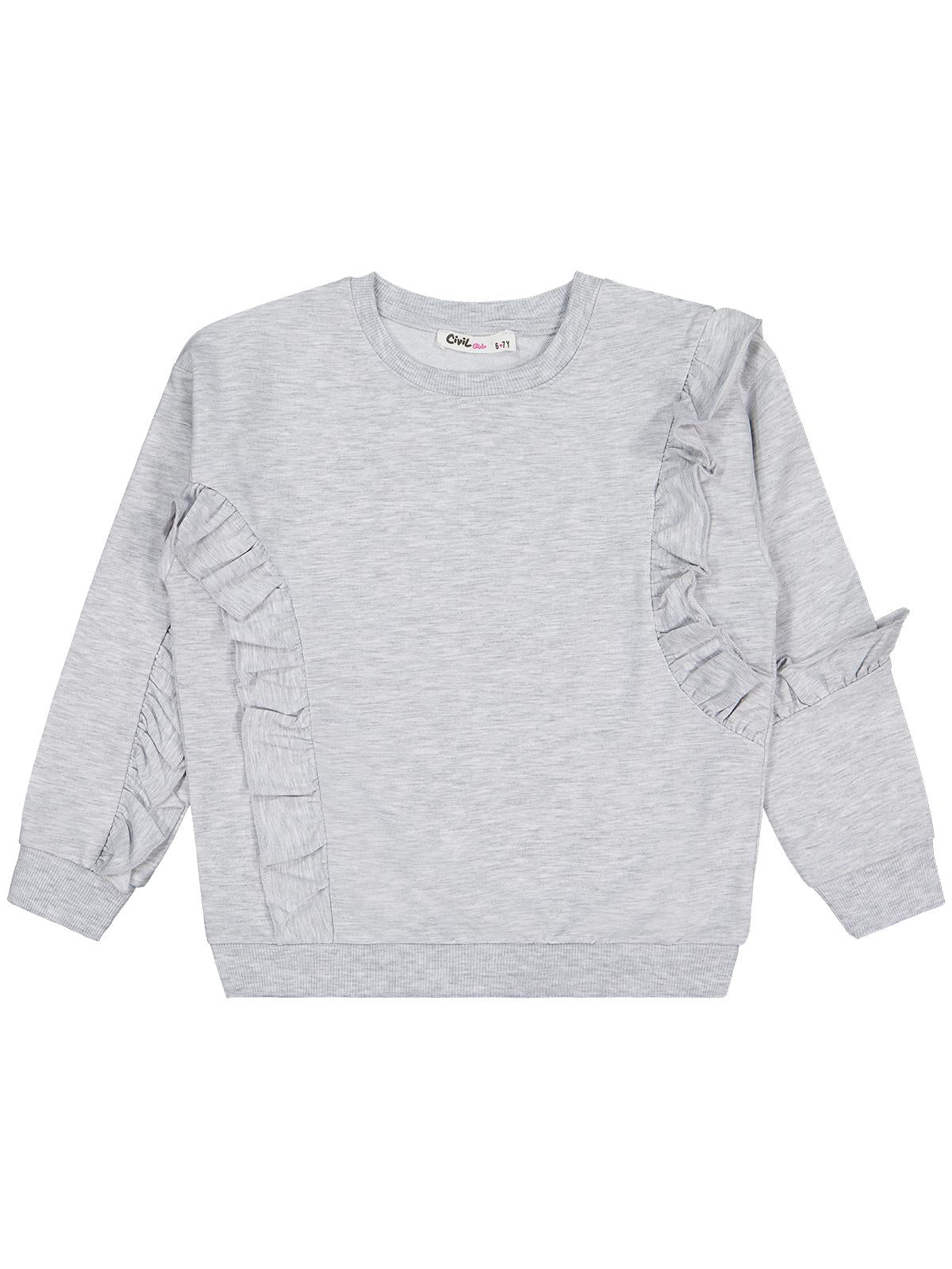 Civil Kız Çocuk Fırfırlı Sweatshirt | 2 İp Uzun Kol Bisiklet Yaka | Okul Kreş ve Günlük Kullanım - Gri