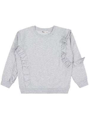 Civil Kız Çocuk Fırfırlı Sweatshirt | 2 İp Uzun Kol Bisiklet Yaka | Okul Kreş ve Günlük Kullanım - Gri