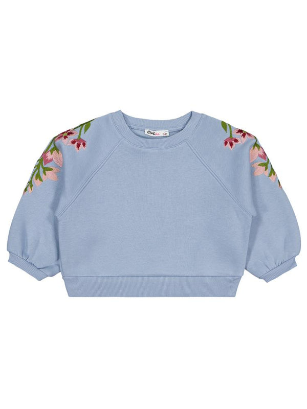 Civil Girls Omuzu Çiçek Nakışlı 2-5 Yaş Sweatshirt - Mavi