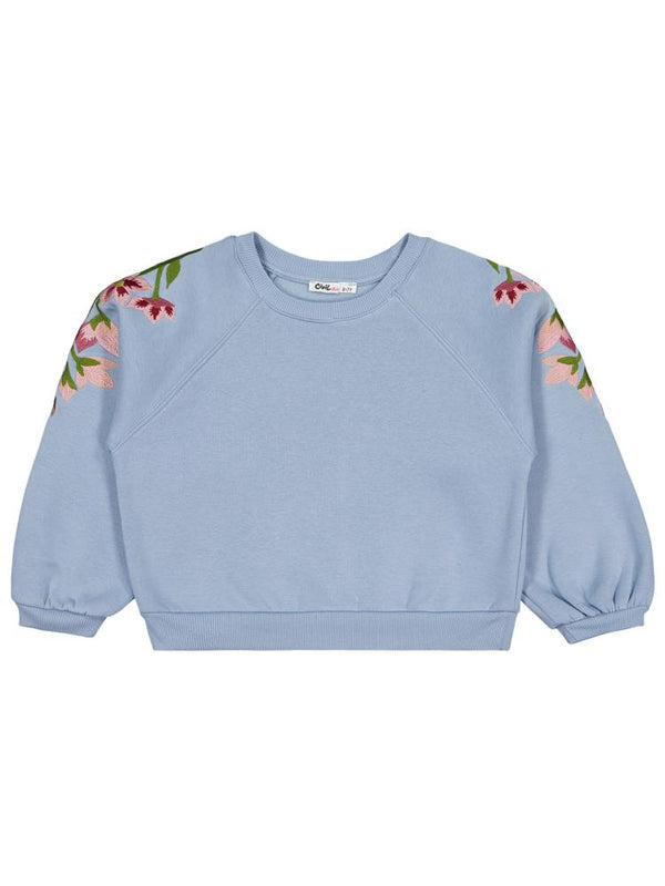 Civil Girls Omuzu Çiçek Nakışlı 6-9 Yaş Sweatshirt - Mavi