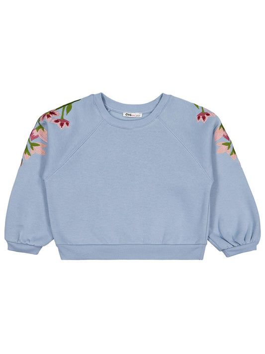 Civil Kız Çocuk Omuzu Çiçek Nakışlı Sweatshirt | 3 İp Uzun Kol | Okul Kreş ve Günlük Kullanım - Mavi
