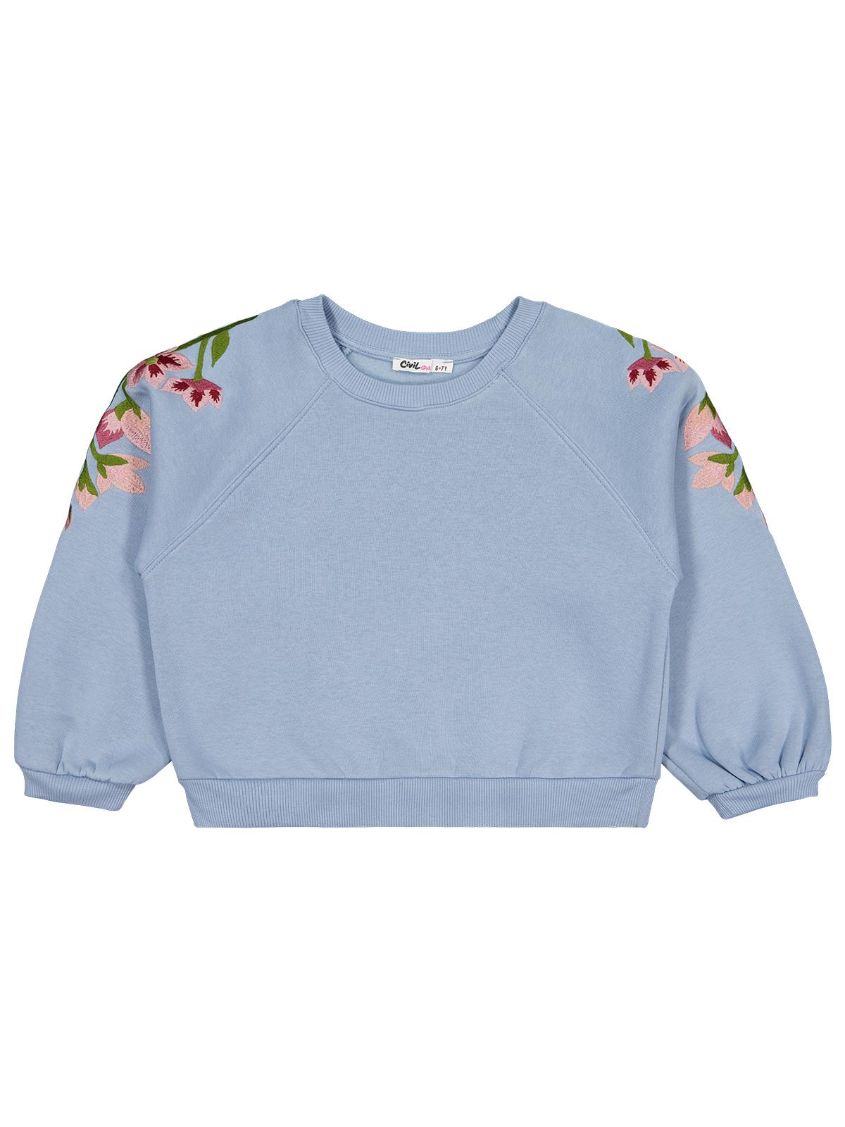 Civil Girls Omuzu Çiçek Nakışlı 6-9 Yaş Sweatshirt - Mavi