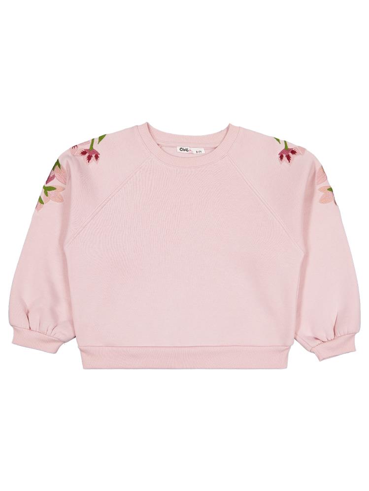 Civil Girls Omuzu Çiçek Nakışlı 6-9 Yaş Sweatshirt - Pembe
