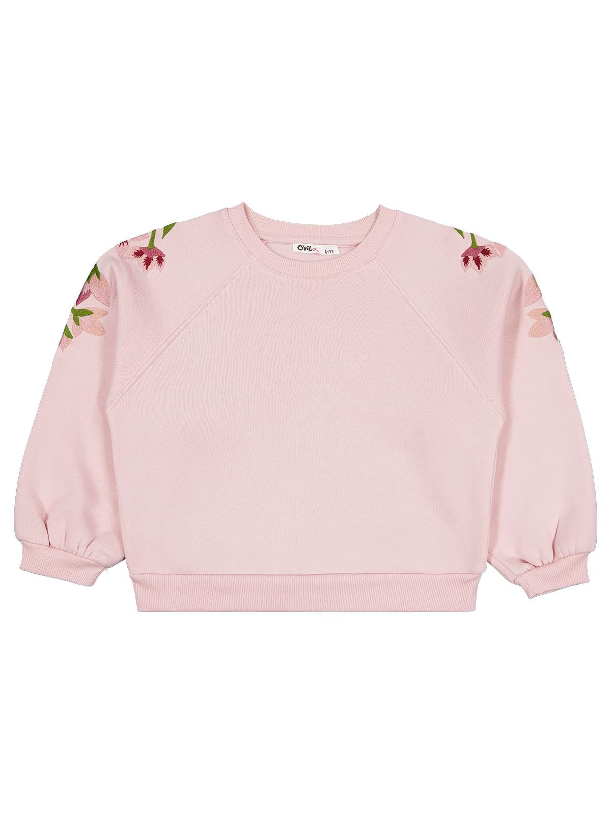 Civil Girls Omuzu Çiçek Nakışlı 6-9 Yaş Sweatshirt - Pembe