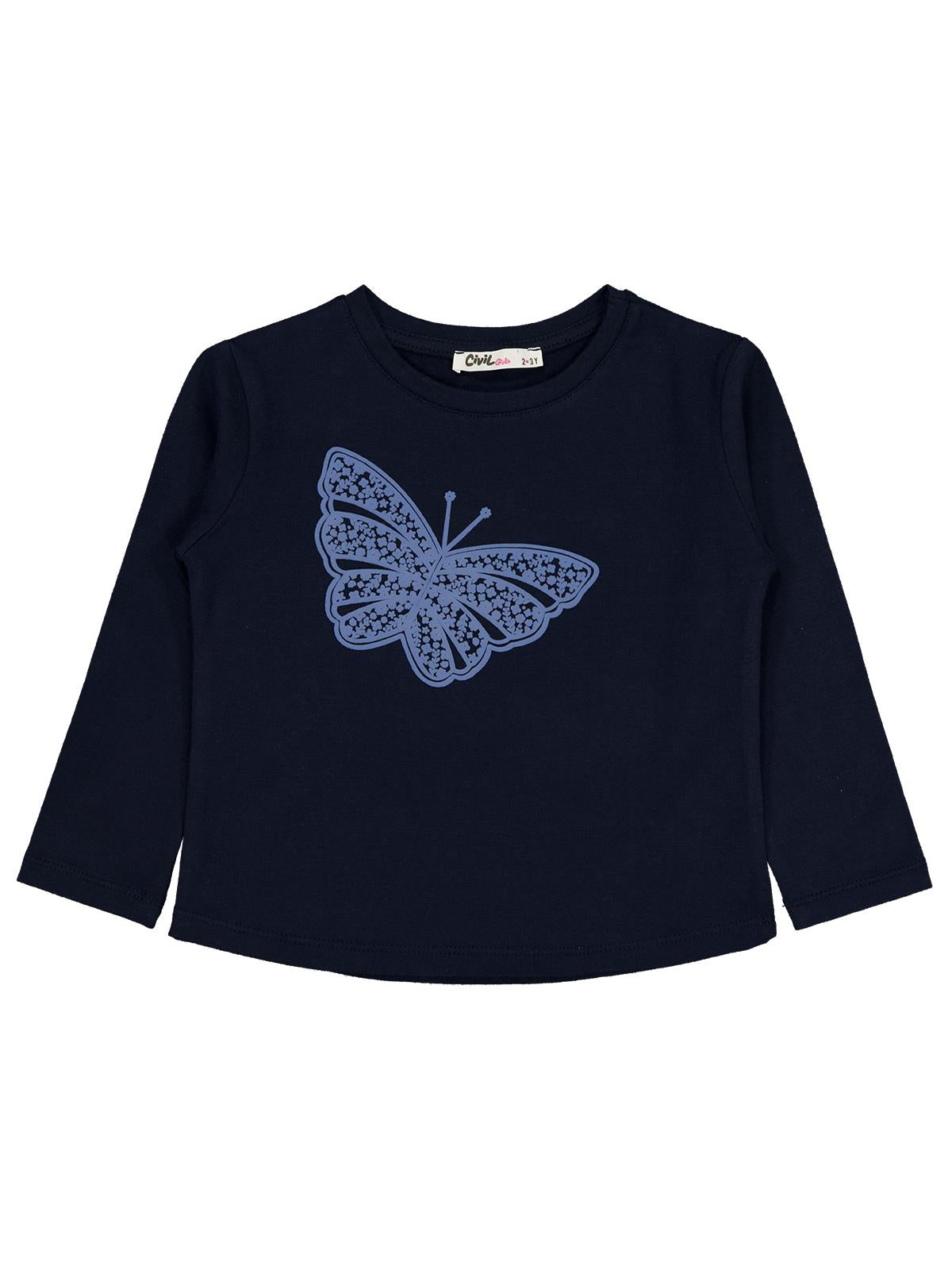 Civil Kız Çocuk Kelebek Baskılı Sweatshirt | Likralı Süprem Şardonlu | Okul Kreş ve Günlük Kullanım - Lacivert