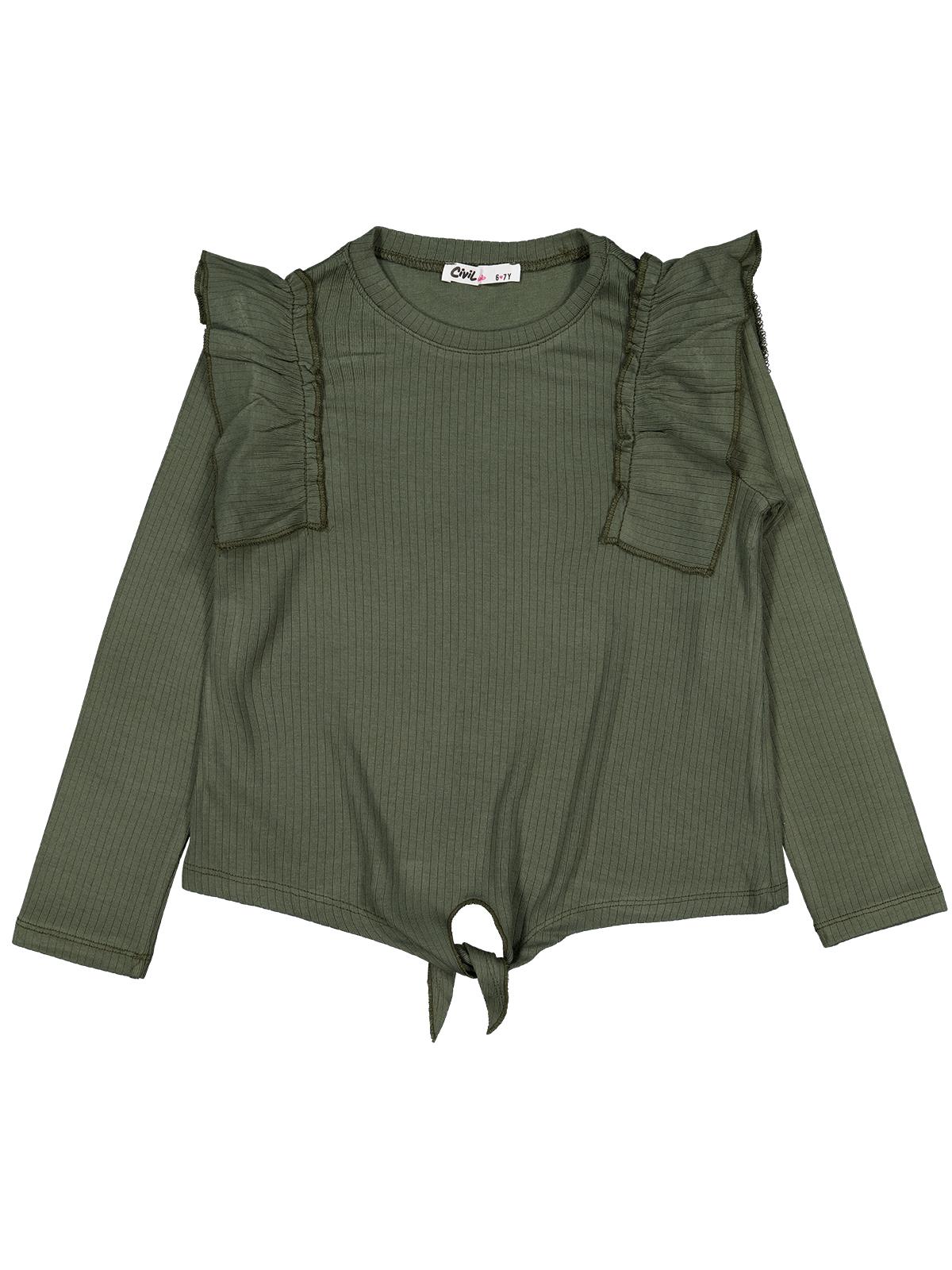 Civil Kız Çocuk Omuz Fırfırlı Sweatshirt | Raporlu İnterlok Uzun Kol | Okul Kreş ve Günlük Kullanım - Haki