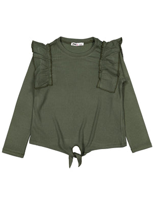 Civil Kız Çocuk Omuz Fırfırlı Sweatshirt | Raporlu İnterlok Uzun Kol | Okul Kreş ve Günlük Kullanım - Haki