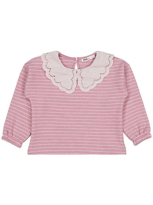 Civil Kız Çocuk Çizgili Sweatshirt | Waffle Uzun Kol Bisiklet Yaka | Okul Kreş ve Günlük Kullanım - Pembe