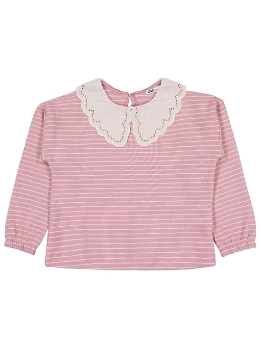 Civil Kız Çocuk Çizgili Sweatshirt | Waffle Uzun Kol Bisiklet Yaka | Okul Kreş ve Günlük Kullanım - Pembe