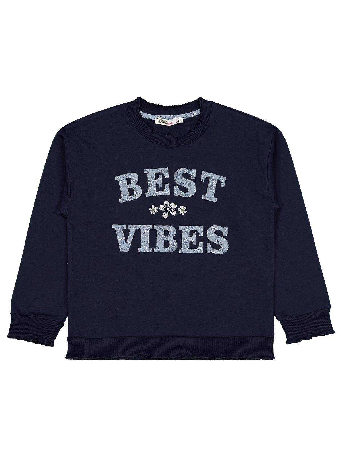 Civil Kız Çocuk Best Vibes Nakışlı Sweatshirt | 2 İp Uzun Kol | Okul Kreş ve Günlük Kullanım - Lacivert