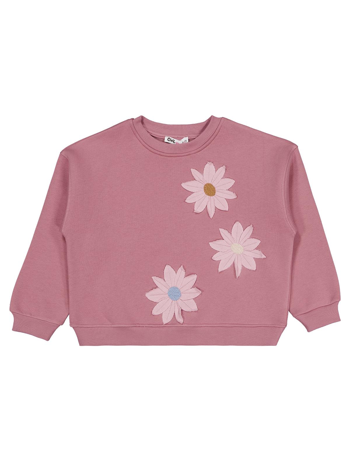 Civil Kız Çocuk Papatya Nakışlı Sweatshirt | 3 İp Uzun Kol | Okul Kreş ve Günlük Kullanım - Pembe
