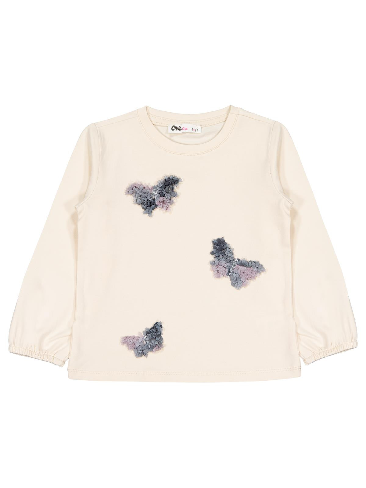 Civil Girls Kelebek Nakışlı 2-5 Yaş Sweatshirt - Fil Dişi