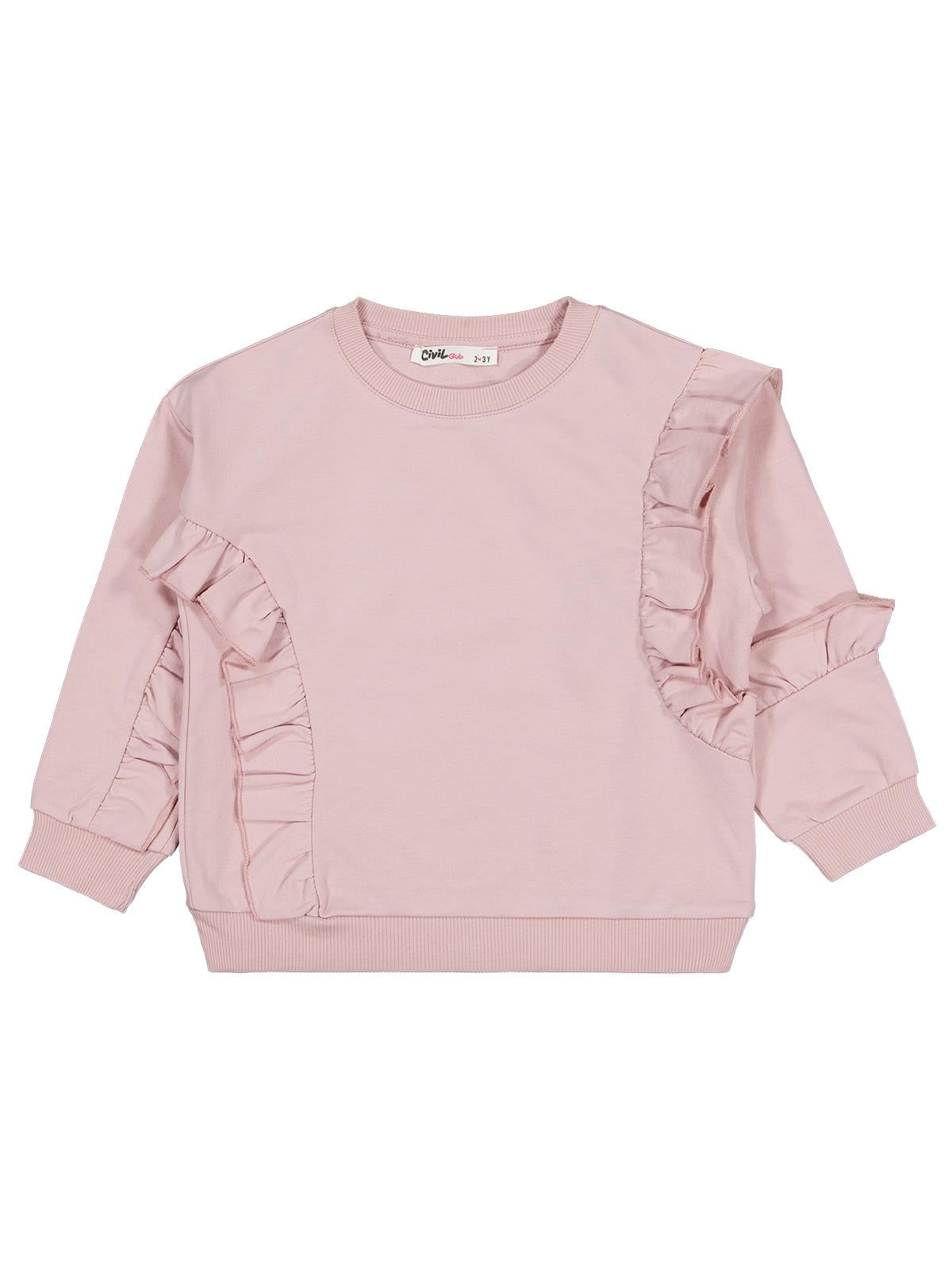 Civil Kız Çocuk Fırfırlı Sweatshirt | 2 İp Uzun Kol Bisiklet Yaka | Okul Kreş ve Günlük Kullanım - Pembe