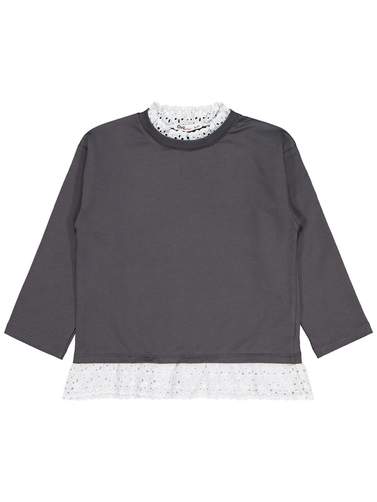 Civil Kız Çocuk Brodeli Sweatshirt | 2 İp Uzun Kol Bisiklet Yaka | Okul Kreş ve Günlük Kullanım - Gri