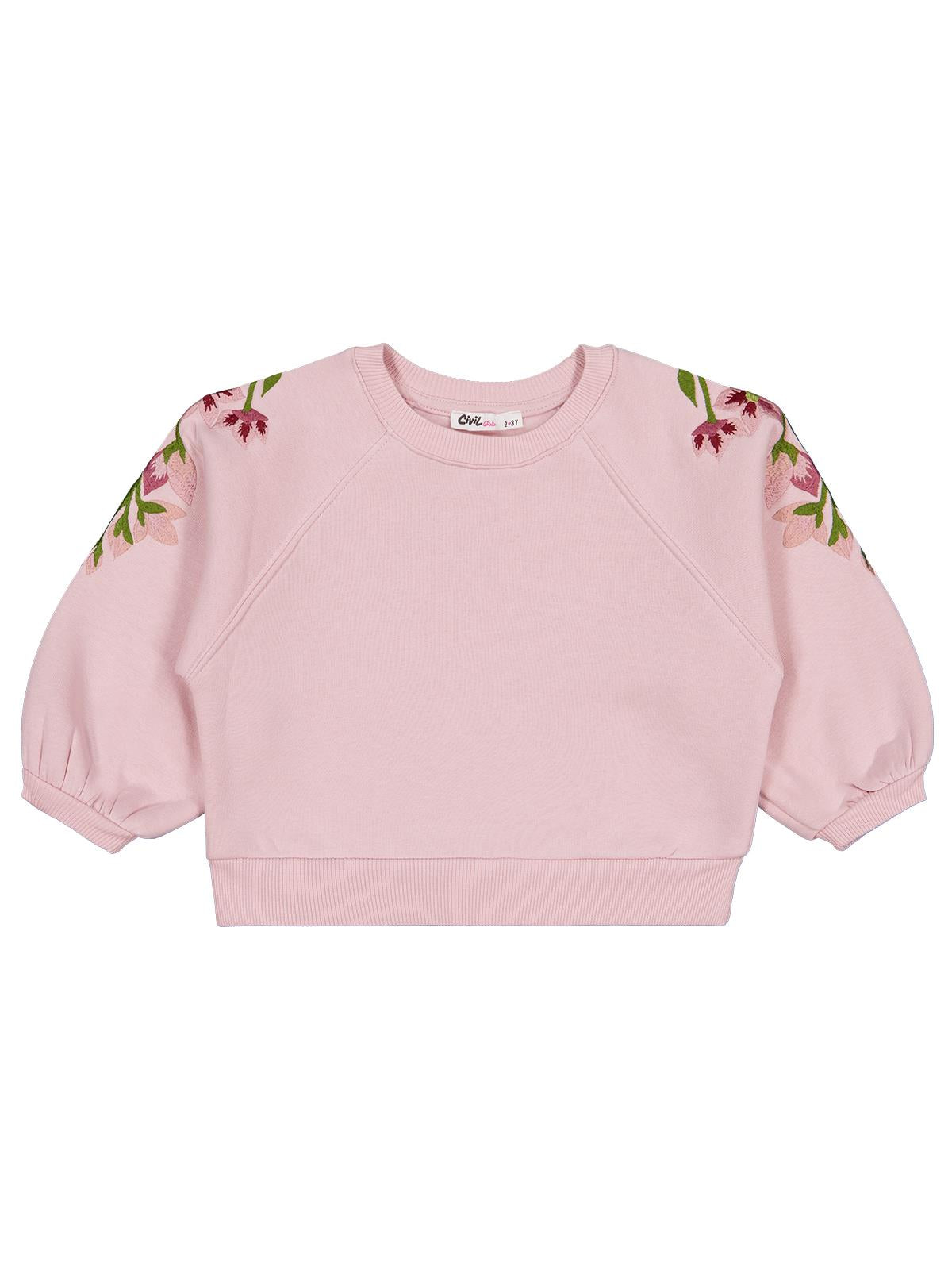 Civil Girls Omuzu Çiçek Nakışlı 2-5 Yaş Sweatshirt - Pembe