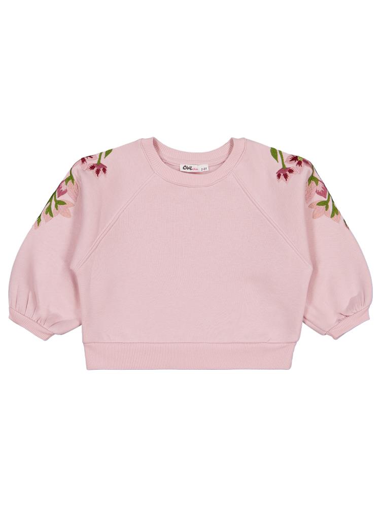 Civil Girls Omuzu Çiçek Nakışlı 2-5 Yaş Sweatshirt - Pembe