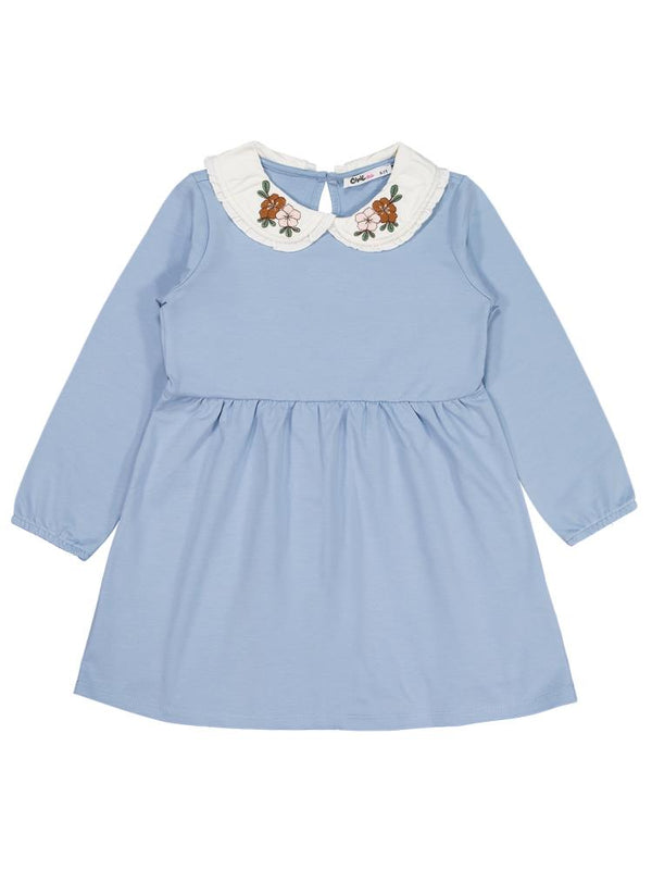 Civil Girls Yakası Nakışlı 6-9 Yaş Elbise - Mavi