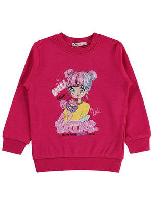 Civil Kız Çocuk Anime Baskılı Sweatshirt | İnterlok Uzun Kol | Okul Kreş ve Günlük Kullanım - Fusya