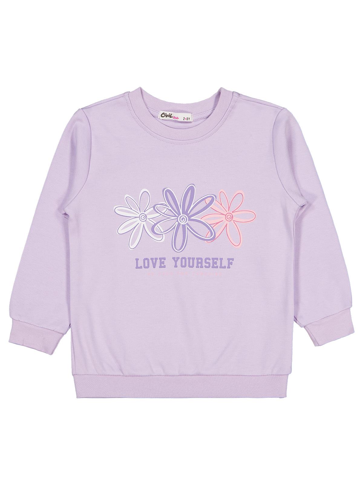 Civil Kız Çocuk Renkli Çiçek Sweatshirt | İnterlok Uzun Kol | Okul Kreş ve Günlük Kullanım - Lila